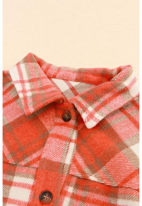 Women's Sherpa Sleeve Plaid Print Shacket in Red - Image 6