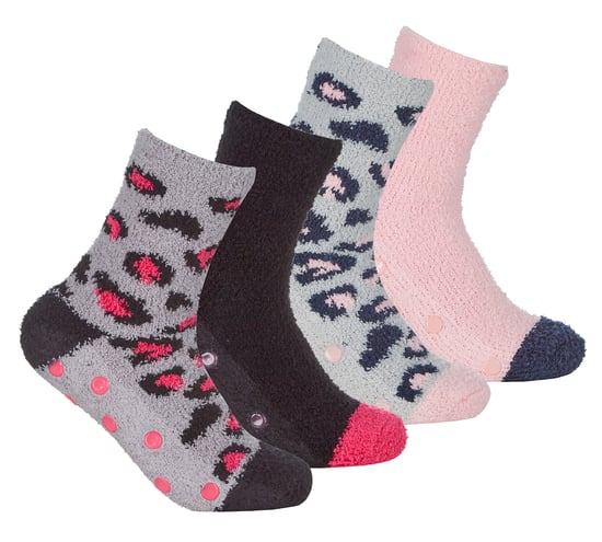 4 Pair Womens Bed Socks with Grips| Thermal Anti Slip Fluffy Slippers - Animal Print - Image 1