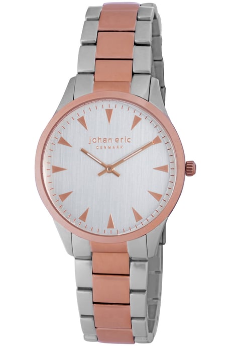 Johan eric: helsingør, men's, silver dial watch w triangular rose gold tone hr-markers, stainless steel and rose gold ip case and bracelet