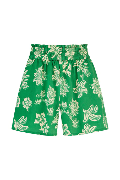 Green Floral Print Ruched Waist Relaxed Fit Shorts