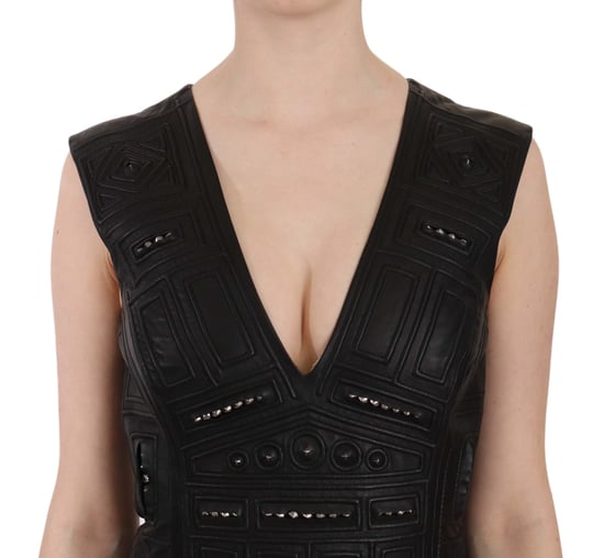 John Richmond Black Leather Studded Mini Shift Dress - Image 3