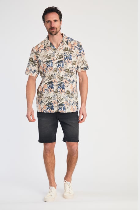 Cream Cotton Printed Poplin Short Sleeve Shirt