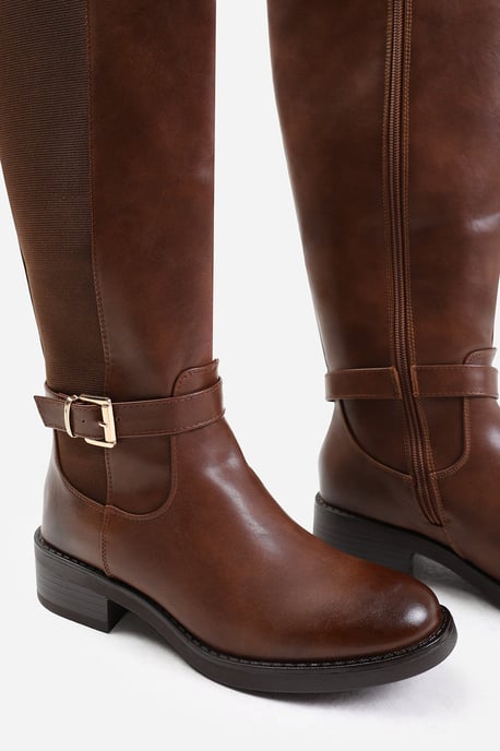 Wheres That From Womens 'Bode' Stretch Wide Calf Knee High Boots With Buckle Detail