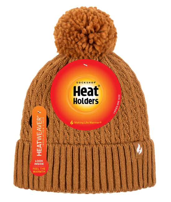 Ladies Thermal Cable Beanie Hat | Heat Holders | Winter Knitted Pom Pom Hat | Soft Ribbed Bobble Hat - Mustard - Image 2