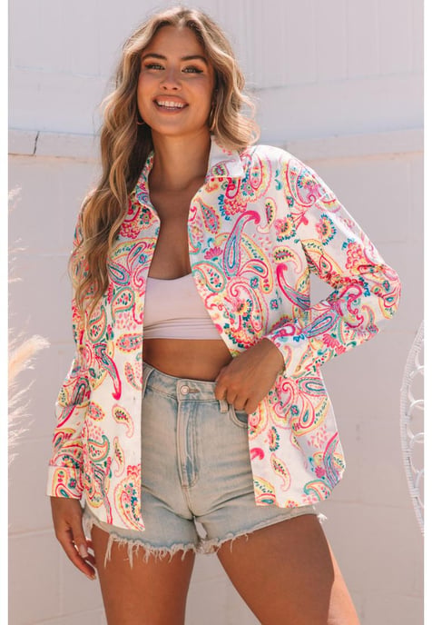 Women's Paisley Pattern Print Corduroy Shacket in White - Image 1