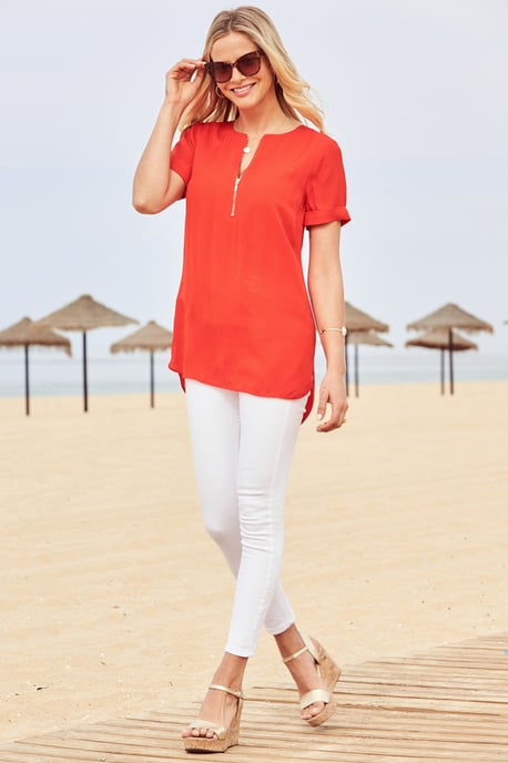 Red Zip Front Short Sleeve Tunic Top