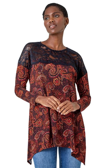 Lace Detail Paisley Print Stretch Top