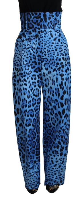 Dolce & Gabbana Blue Leopard Print High Waist Women's Pants