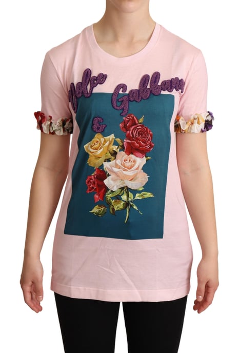 Dolce & Gabbana Women's Pink Cotton Floral Roses Crewneck T-shirt