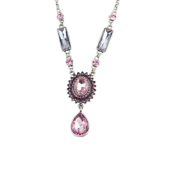 Fiorelli Fashion Imitatoin Oxidised Silver Plated Pink & Lilac Crystal Vintage Style Necklace 50cm + 8cm