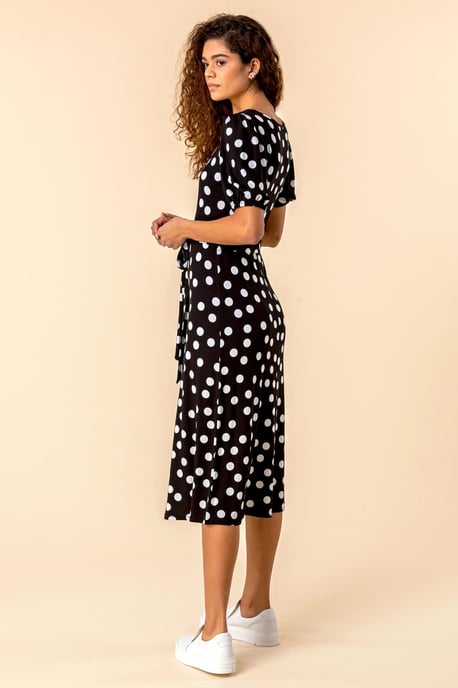 Ruched Neck Spot Print Midi Dress