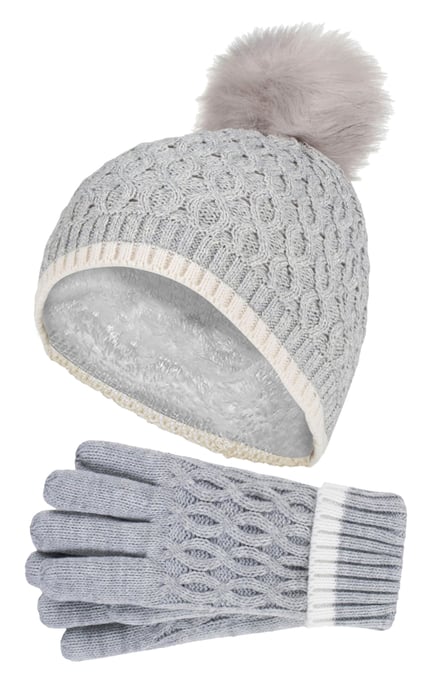 Heat Holders - Girls Thermal Insulated Pom Pom Bobble Beanie Hat and Gloves | Colourful Pastel Styles - Cloud Grey - Image 1