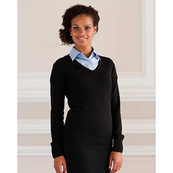 Russell Collection Ladies/Womens V-Neck Knitted Pullover Sweatshirt (Black) - Image 3