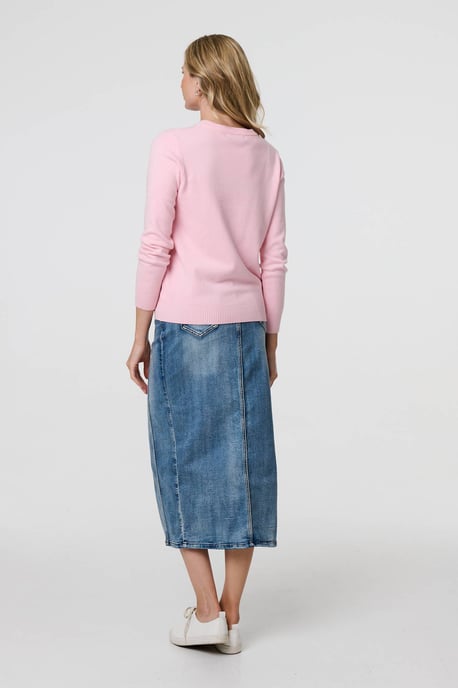 Light Pink Floral Gemstone Embellished Jumper