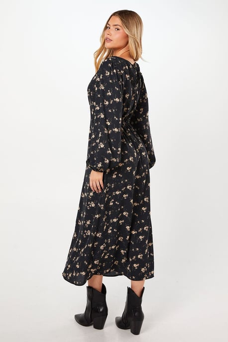 Ditsy Floral Shirred Waist Long Sleeve Midi Dress