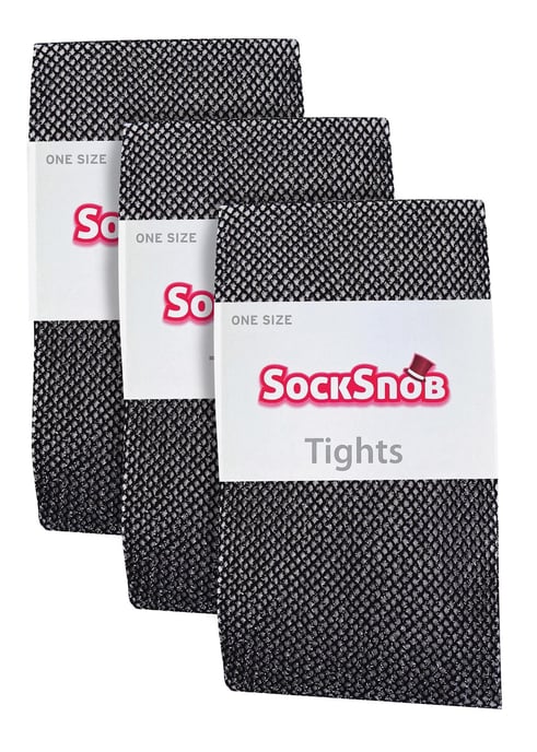3 Pair Multipack Fishnet Tights for Women | Sock Snob | Stylish Footed Pretty Stocking Ideal for Dance Party - Black / Silver - Image 2