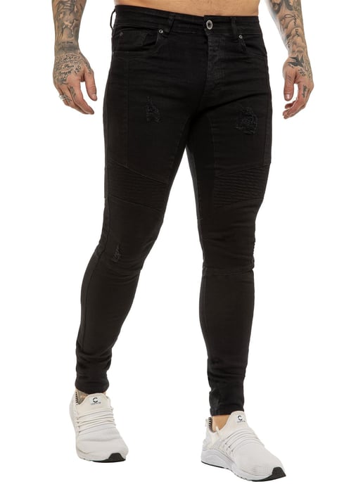 Enzo | Heren Skinny Stretch Biker Denim Jeans - Zwart - Image 3