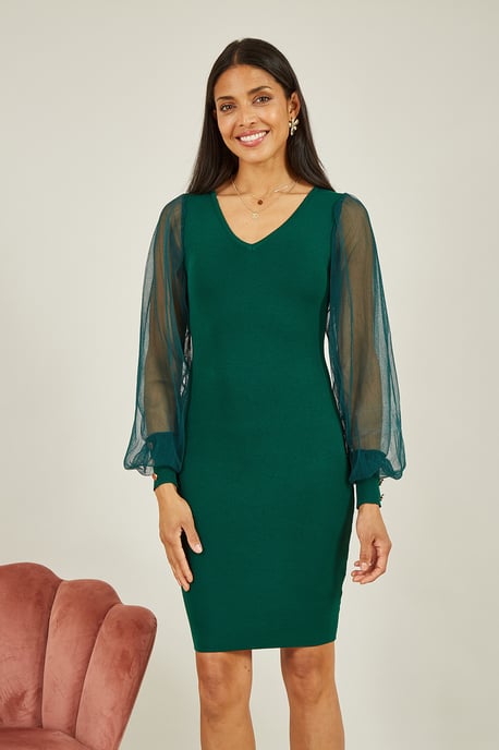 Green Knitted Body Con Dress With Chiffon Sleeve