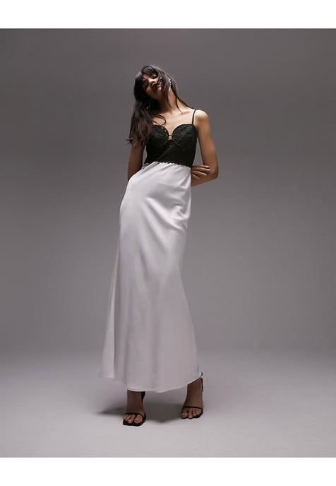 Topshop broderie bodice midi slip dress in mono-Black