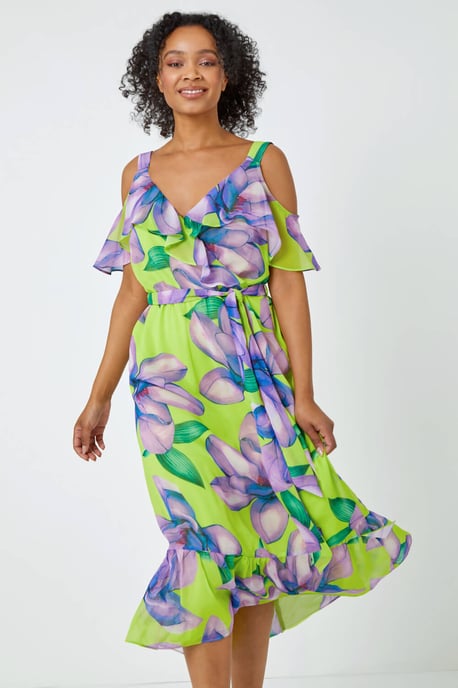 Petite Floral Cold Shoulder Midi Dress