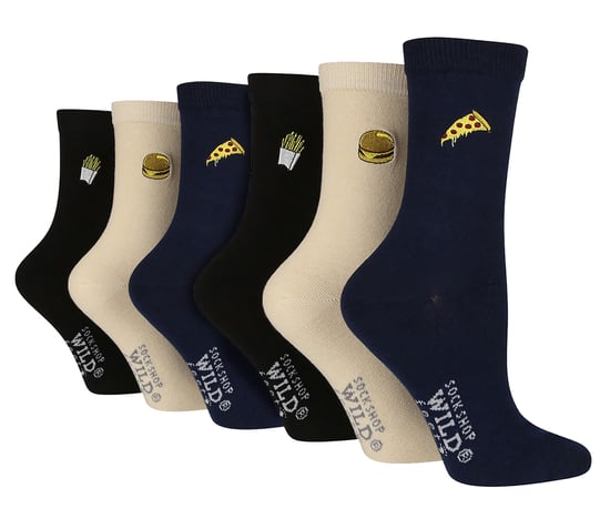 6 Pack Ladies Black Novelty Socks | Wildfeet | Cute Embroidered Socks in Cotton - Fast Food - Image 1