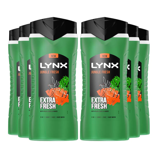 Lynx 3in1 Body, Face & Hair Wash Shower Gel Extra Fresh Jungle Fresh 500ml, 6pk