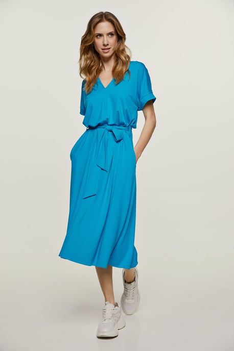 Turquoise Jersey Belted Midi Dress