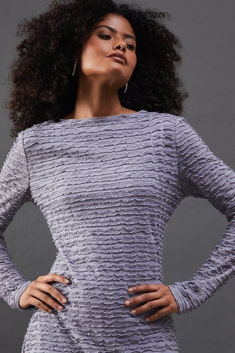 Textured Mesh Stand Neck Midi Dress