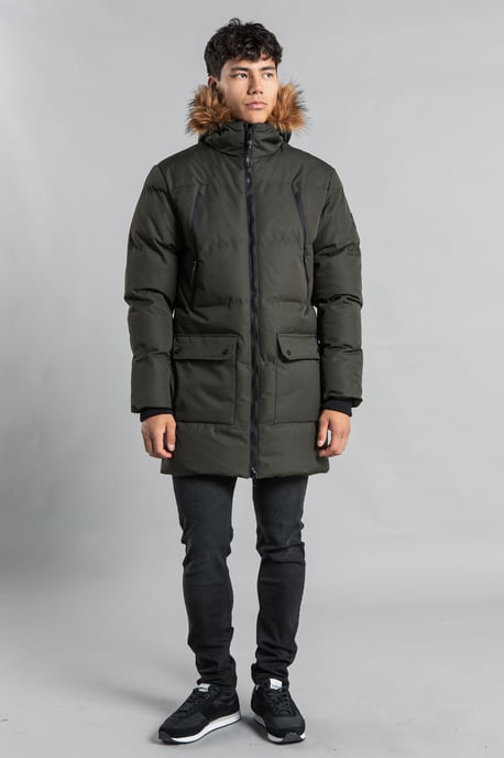 Khaki Padded Longline Coat With Faux Fur Hood