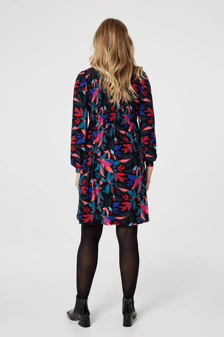 Black Leaf Print Smocked Shirt Dress