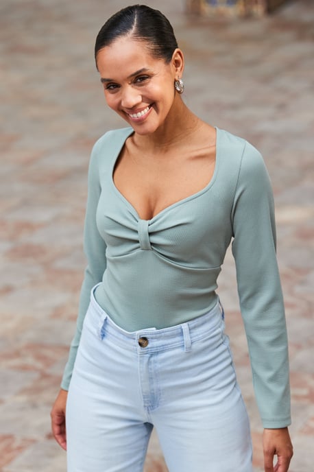 Sage Green Jacquard Ribbed Jersey Top