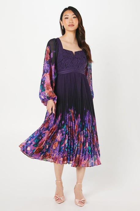 Placement Print Lace Bodice Pleated Skirt Midi Dress - Image 1