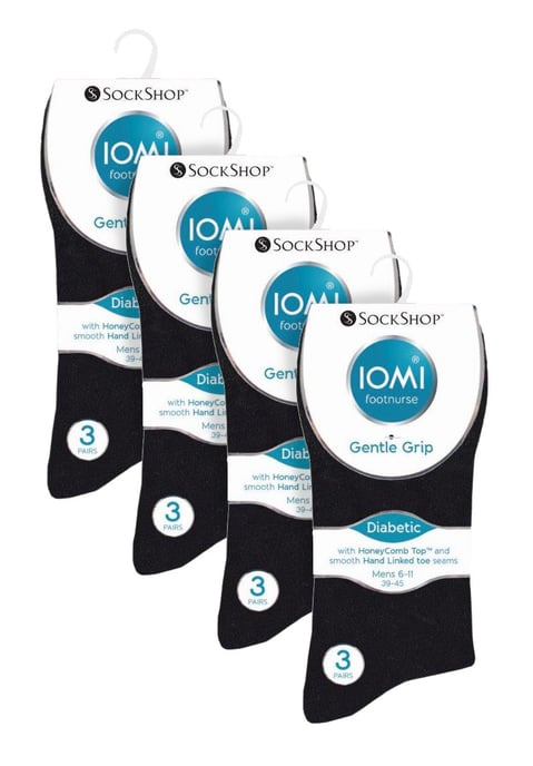 12 Pair Multipack Gentle Grip Top Diabetic Socks | IOMI | Mid Calf Loose Top Non Elastic Cotton Socks with Handlinked Seamless Toe - Black - Image 2