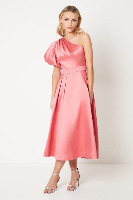 Petite One Shoulder Fit & Flare Midi Dress In Twill