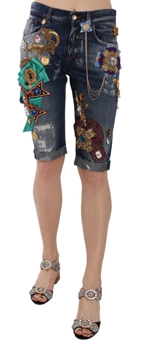 Dolce & Gabbana Dames Blauwe Denim Mid Waist Kristallen Capri Shorts - Image 1