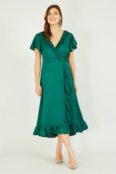 Yumi Green Satin Wrap Midi Dress