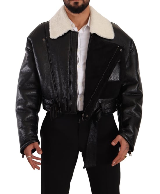 Dolce & Gabbana Men's Black Leather Shearling Biker Coat Jacket - Image 6