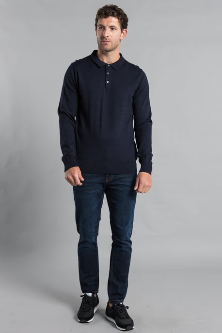 Dark Navy Cotton Knitted Long Sleeve Polo