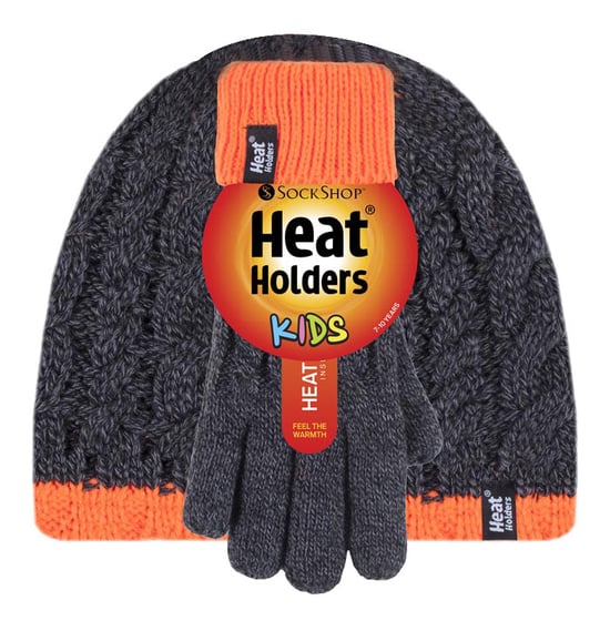 Heat Holders - Boys Kids Cable Knit Warm Fleece Lined Thermal Winter Hat and Gloves Set - CO1P7 - Image 2