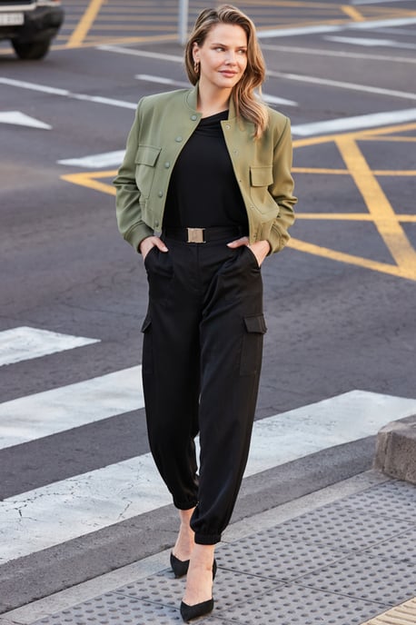 Black Satin Utility Trousers With Gold Buckle