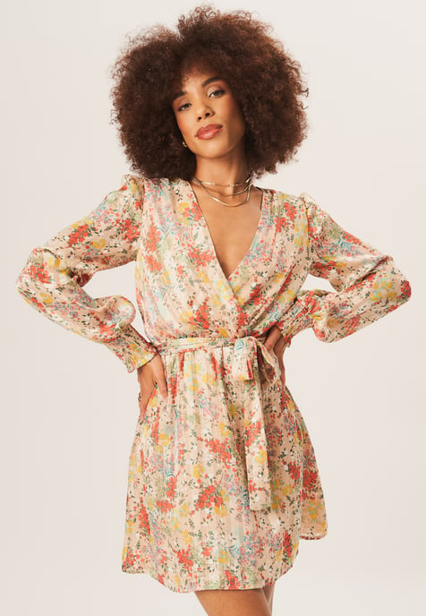 Multi Color Stripe Chiffon Jacquard Wrap Mini Dress