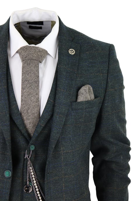 Heren 3-delige Wolkostuum Olijfgroen Tweed Ruit Peaky Blinders 1920 Gatsby Formeel - Image 5