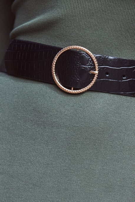 Black Croc Leather Belt With Round Buckle