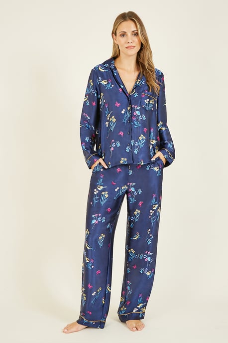 Yumi Navy Bird Print Satin Pyjamas - Image 1