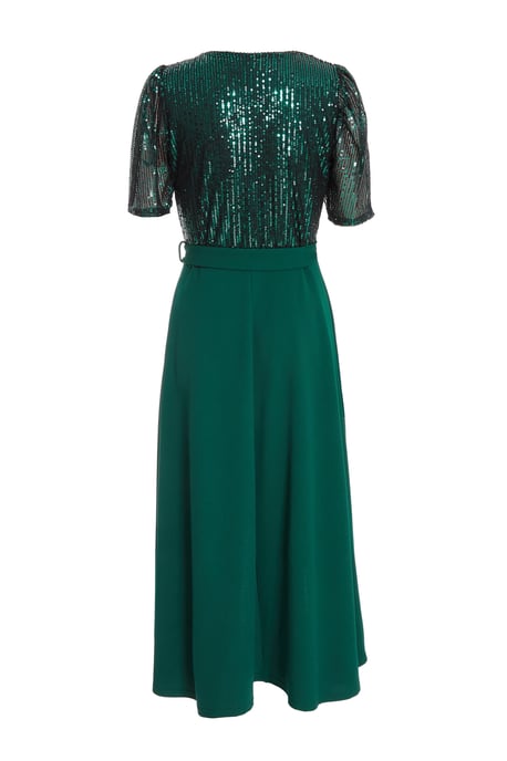 Bottle Green Sequin Wrap Dip Hem Midi Dress