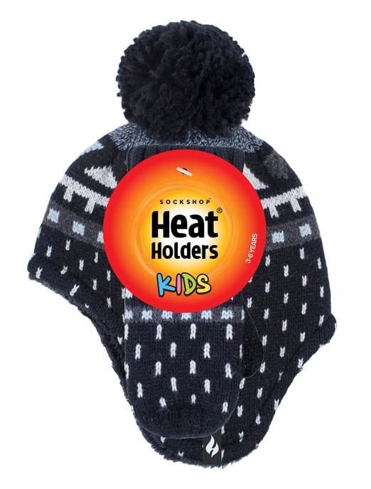 Heat Holders - Boys Outdoor Faux Fur Pom Pom Hat with Ear Flaps & Mittens Gloves - Black - Image 2