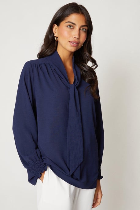 Tie Neck Shirred Cuff Top - Image 1