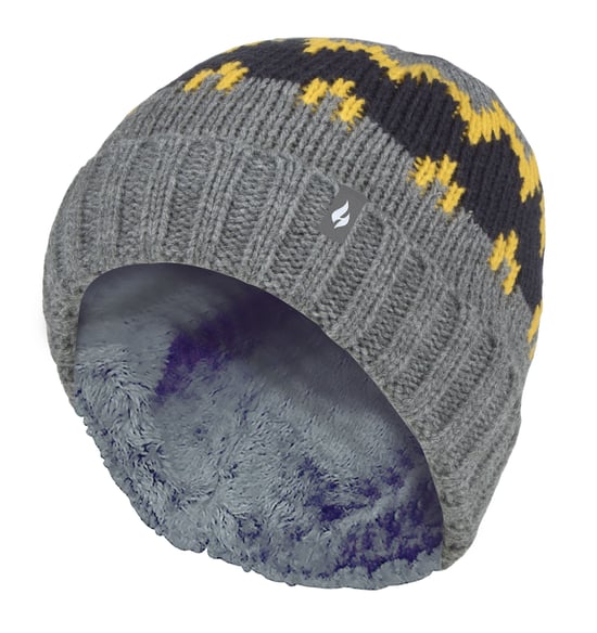 Heat Holders - Boys Thick Ribbed Woven Knitted Soft Pom Pom Bobble Beanie Hat - Pebble Melange/Gold/Navy - Image 1