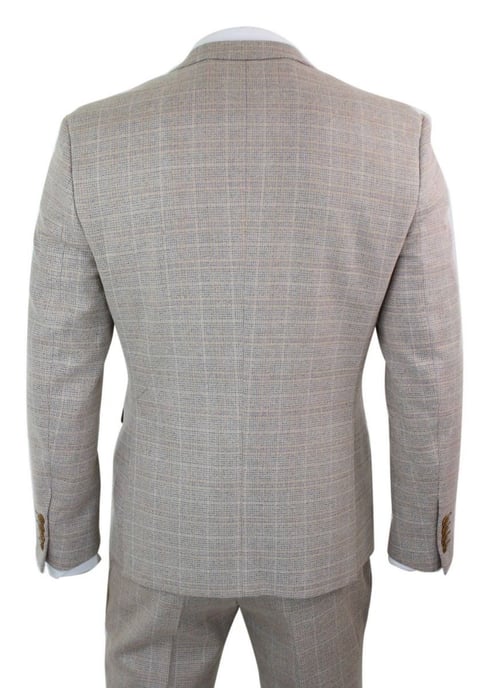 Mens 3 Piece Beige Tweed Check Vintage Retro Suit - Image 3