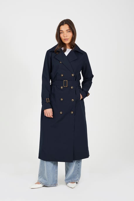 Navy Double-Breasted Longline Trench Coat - Image 1